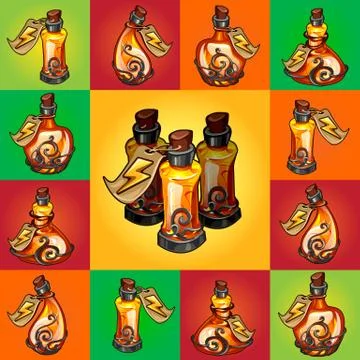 Set of magic potions, perfume or essential oil in glass flasks isolated on Illustrazione stock