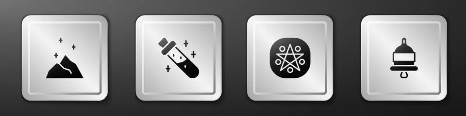 Set Magic powder, Bottle with potion, Pentagram in circle and Ringing alarm bell Illustrazione stock