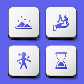Set Magic powder, Hand holding fire, Voodoo doll and Old hourglass icon. White Ilustração Stock