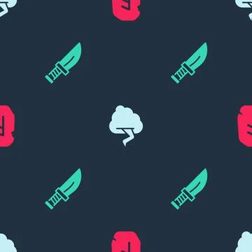 Set Magic rune, Cloud and lightning and Dagger on seamless pattern. Vector Stock Illustration