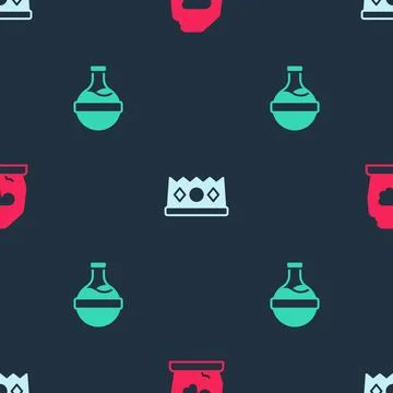Set Magic rune, King crown and Bottle with potion on seamless pattern. Vector イラスト素材