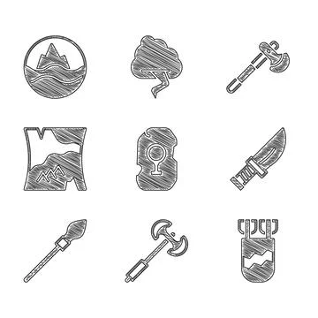 Set Magic rune, Medieval poleaxe, Quiver with arrows, Dagger, spear, Folded map Illustrazione stock