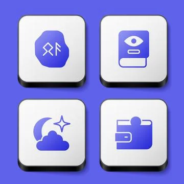 Set Magic runes, Ancient magic book, Moon and stars and Wallet icon. White Ilustração Stock