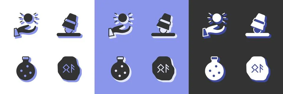 Set Magic runes, Ball levitating above hand, Bottle with potion and Game Stock Illustration