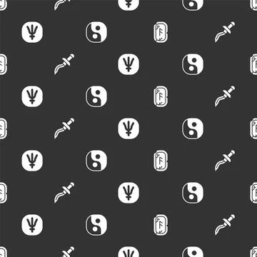 Set Magic runes, Dagger, Neptune planet and Yin Yang on seamless pattern. Vector イラスト素材