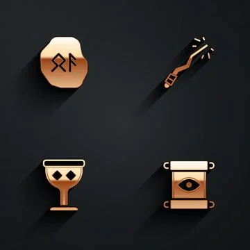 Set Magic runes, wand, Medieval goblet and scroll icon with long shadow. Vector Stock Illustration