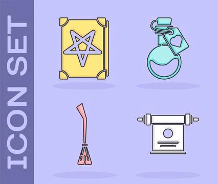 Set Magic scroll, Ancient magic book, Witches broom and Bottle with love potion Illustration