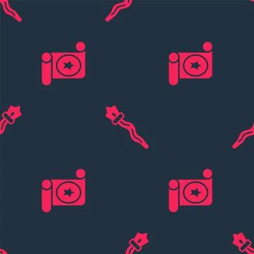 Set Magic scroll and staff on seamless pattern. Vector Stock Illustration