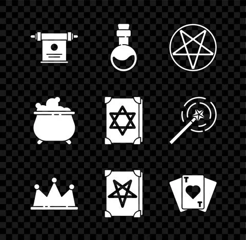 Set Magic scroll, Bottle with love potion, Pentagram in circle, Crown, Ancient Stock Illustration