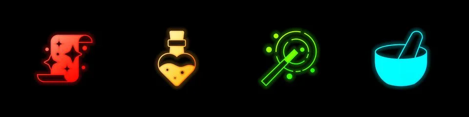 Set Magic scroll, Bottle with potion, wand and Witch cauldron icon. Vector Stock Illustration