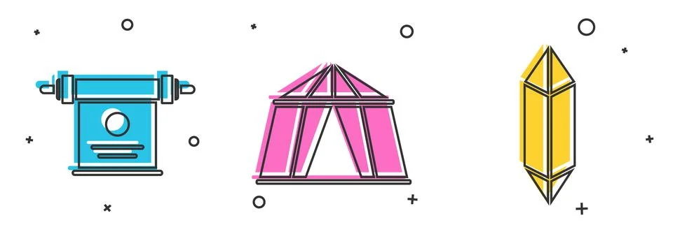 Set Magic scroll, Circus tent and Magic stone icon. Vector Illustrazione stock