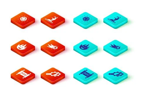 Set Magic scroll, hand mirror, Fire flame, Fireball, Zombie and stone icon Illustrazione stock