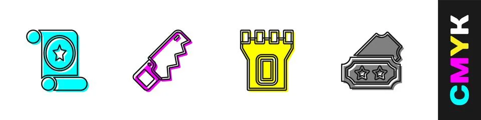 Set Magic scroll, Hand saw, Castle tower and Ticket icon. Vector Illustrazione stock
