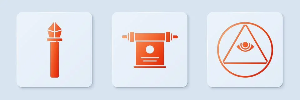 Set Magic scroll, Magic staff and Masons. White square button. Vector Stock Illustration