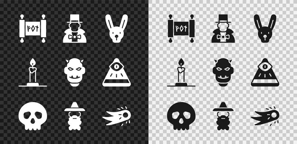 Set Magic scroll, Magician, Rabbit with ears, Skull, Wizard warlock, Fireba.. Stock Illustration