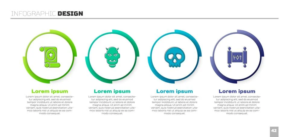 Set Magic scroll, Mask of the devil with horns, Skull and . Business infographic Stock Illustration