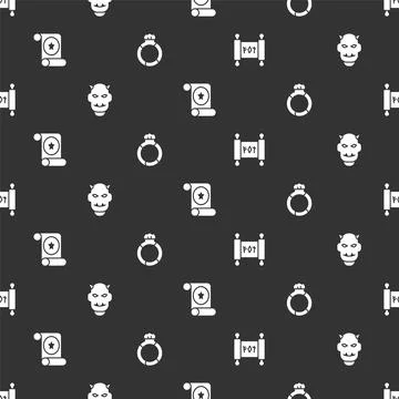 Set Magic scroll, Mask of the devil with horns, and stone ring gem on seamless Stock Illustration