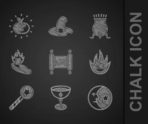 Set Magic scroll, Medieval goblet, Moon and stars, Fire flame, wand, Hand hol Illustrazione stock