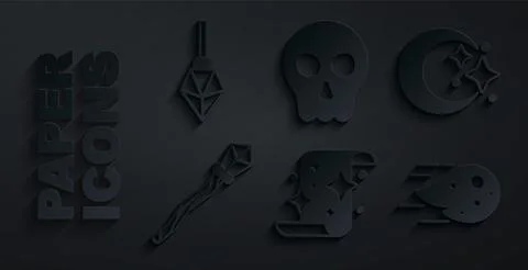 Set Magic scroll, Moon and stars, staff, Fireball, Skull and stone icon. Vector 스톡 일러스트