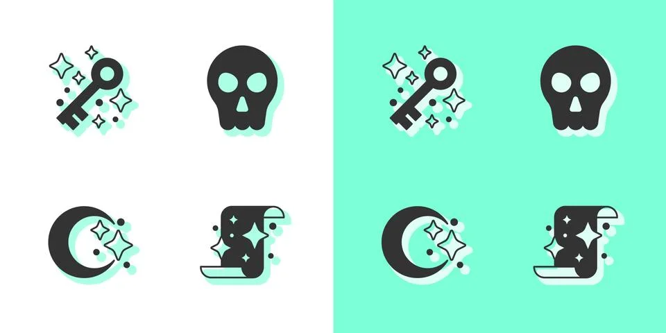 Set Magic scroll, Old magic key, Moon and stars and Skull icon. Vector Illustrazione stock