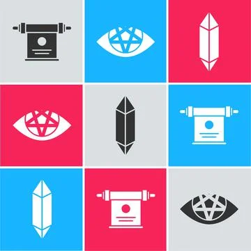 Set Magic scroll, Pentagram and Magic stone icon. Vector Illustrazione stock