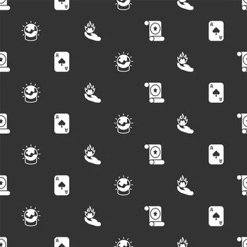Set Magic scroll, Playing cards, ball and Hand holding fire on seamless pattern Stock Illustration