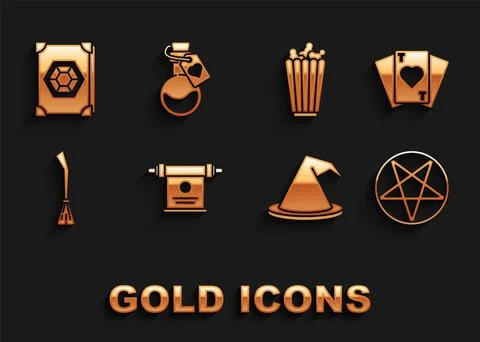 Set Magic scroll, Playing cards, Pentagram circle, Witch hat, Witches broom Stock Illustration