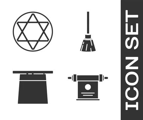 Set Magic scroll, Star of David, Magician hat and Witches broom icon. Vector Stock Illustration