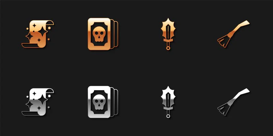 Set Magic scroll, Tarot cards, sword in fire and Witches broom icon. Vector Stock Illustration