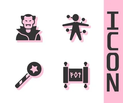 Set Magic scroll, Vampire, wand and Voodoo doll icon. Vector Illustrazione stock
