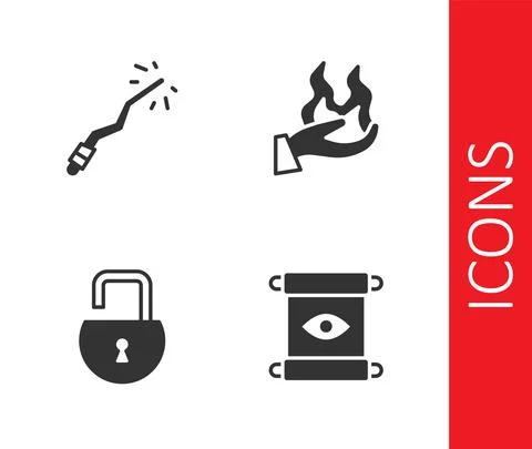 Set Magic scroll, wand, Open padlock and Hand holding fire icon. Vector Stock Illustration