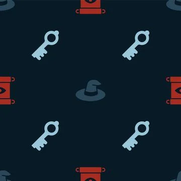 Set Magic scroll, Witch hat and Old magic key on seamless pattern. Vector Illustrazione stock