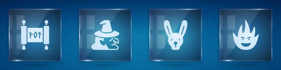 Set Magic scroll, Witch, Rabbit with ears and Fire flame. Square glass panels Illustrazione stock