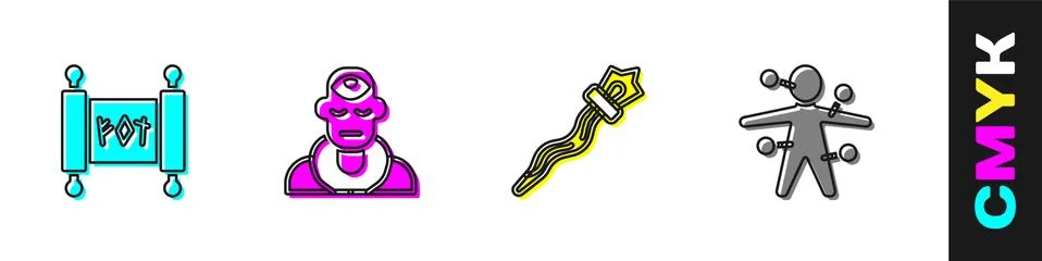 Set Magic scroll, Wizard warlock, staff and Voodoo doll icon. Vector Illustrazione stock
