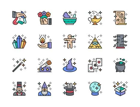 Set of Magic Show Flat Color Line Icons. Illusionist, Wizard, Circus and more. 스톡 일러스트
