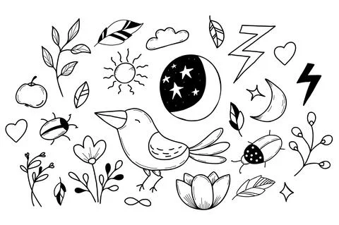 Set of magic signs, beetle and crow, flower and moon with starry sky in handmade Stock Illustration