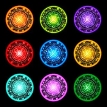 Set of magic spell rings. Colored magical circles. Superhero concept. Vector. Stock Illustration