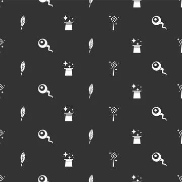 Set Magic staff, Eye, feather and hat on seamless pattern. Vector Illustrazione stock