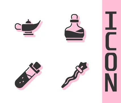 Set Magic staff, lamp or Aladdin, Bottle with potion and icon. Vector Illustrazione stock