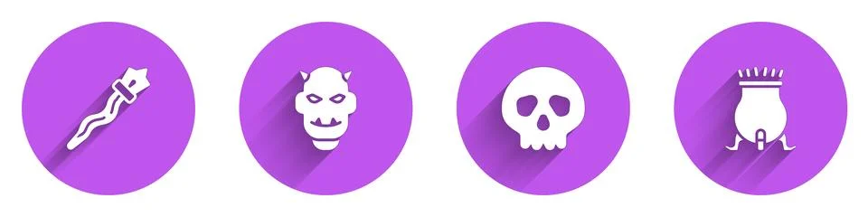 Set Magic staff, Mask of the devil with horns, Skull and Witch cauldron icon Illustration