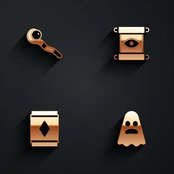 Set Magic staff, scroll, carpet and Ghost icon with long shadow. Vector 스톡 일러스트
