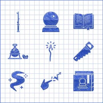Set Magic staff, Spell, Ancient magic book, Hand saw, fog or smoke, Witch Stock Illustration