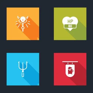 Set Magic staff, Video game bar, Neptune Trident and Street signboard with Bar Stock Illustration