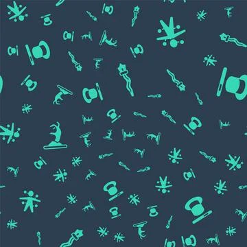 Set Magic staff, Voodoo doll, Zombie hand and hat wand on seamless pattern Stock-Illustration