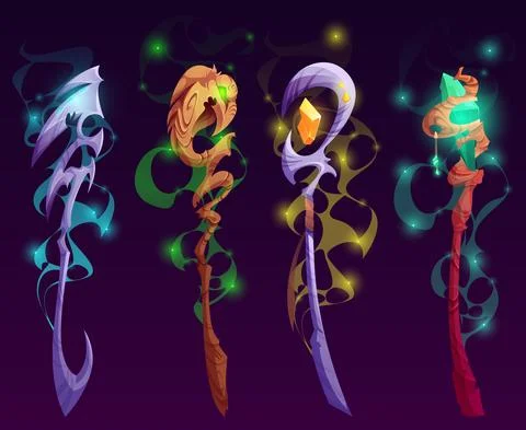 Set of magic staff, wands or walk sticks with gems Stock Illustration