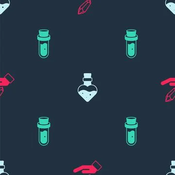 Set Magic stone, Bottle with potion and on seamless pattern. Vector Stock Illustration