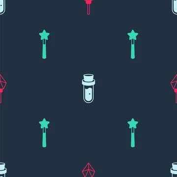 Set Magic stone, Bottle with potion and wand on seamless pattern. Vector Stockillustratie
