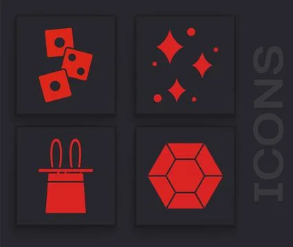 Set Magic stone, Game dice, Sparkle stars with magical glitter and Magician.. Ilustração Stock