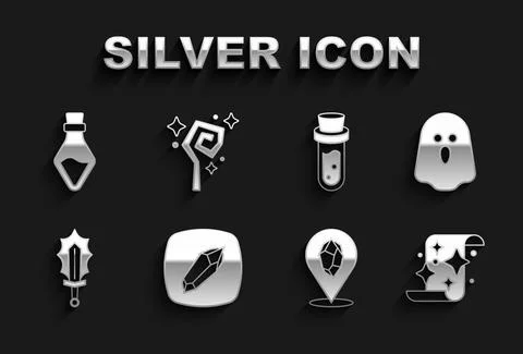 Set Magic stone, Ghost, scroll, sword in fire, Bottle with potion, and staff Illustrazione stock