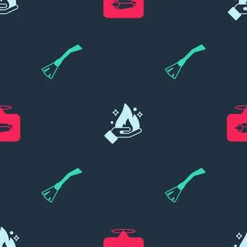 Set Magic stone Hand holding fire and Witches broom on seamless pattern. Vect Stock Illustration